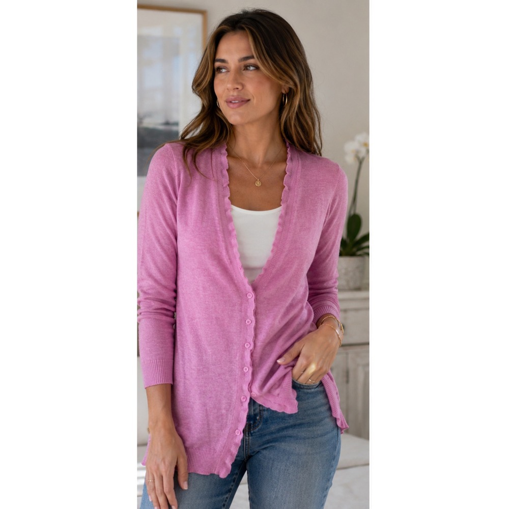 Saks Fifth Avenue Silk Cashmere Ruffle Trim Cardigan Sweater Pink Womens Medium